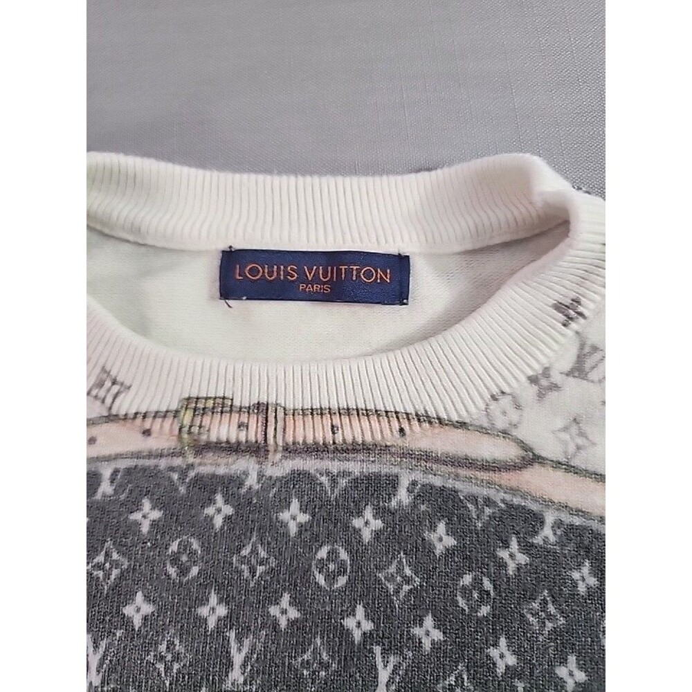 Designer-Style Monogram Print Crewneck Sweater Belt Pattern Knit Top Size S - Picture 5 of 8